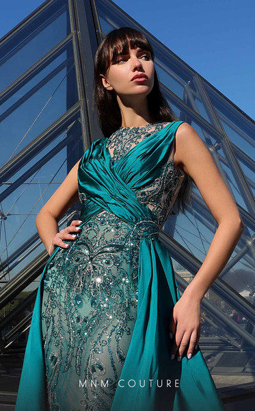 MNM Couture K4007 Beaded Jewel Neck Sleeveless Ruched Dress