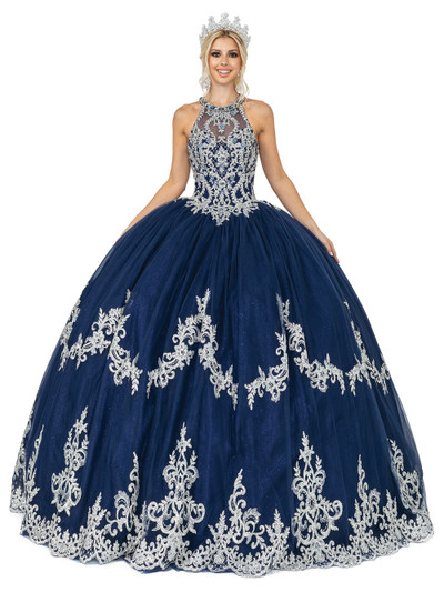 Dancing Queen 1607 Halter Neck Metallic Appliques Ballgown