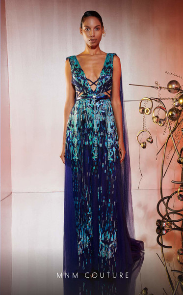 MNM Couture E0044 Sleeveless Deep V-neck Fitted Long Dress