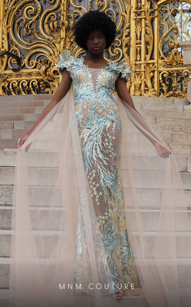 MNM Couture K4217 Embroidery Cap Sleeves Tea-length Dress