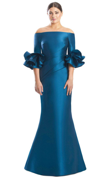 Alexander by Daymor 1758S23 Buttoned Back Off-Shoulder Dress