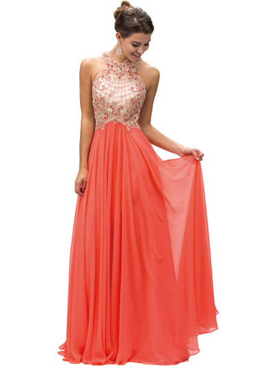 Dancing Queen 9298 Embroider Bodice Halter Neck Long Dress
