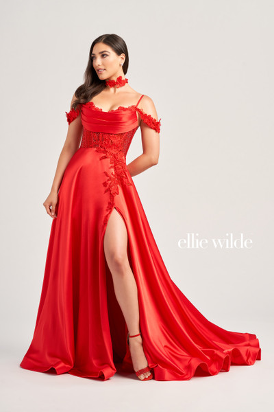 Ellie Wilde by Mon Cheri EW35029 Satin Lace Applique Dress