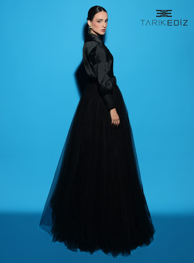 Tarik Ediz 98405 Tafetta Long Sleeve Shirt Collar Neck Dress