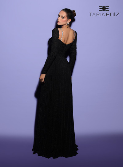 Tarik Ediz 98502 Jersey Metallic Long Sleeves A-Line Dress