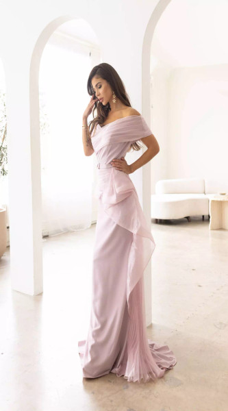 Terani Couture 241M2703 Chiffon Off-Shoulder Neck Long Dress