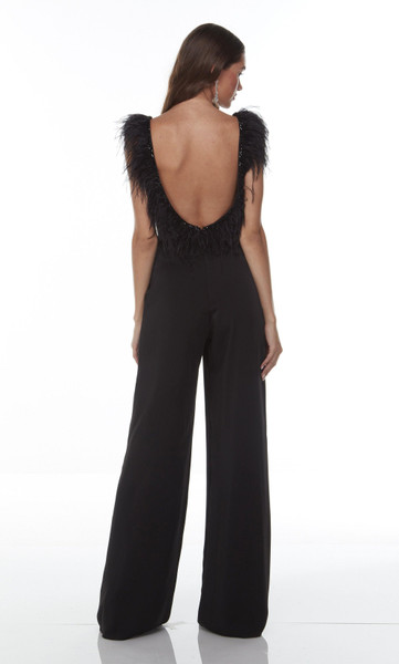 Alyce Paris 1707 Plunging Neckline Feather Long Jumpsuit