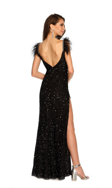 Dave and Johnny 11332 Sequins Feather Straps Open Back Dress