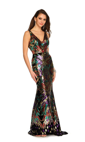 Dave and Johnny 11281 V-neck Sequin Print Sleeveless Dress