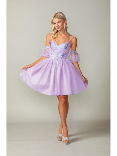 Dancing Queen 3362 Embroidered Sheer Puff Sleeve Short Dress