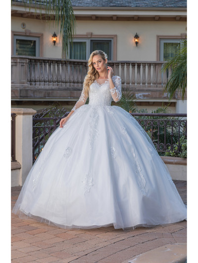 Dancing Queen 0264 Beaded Ballroom Sheer Sleeve Wedding Gown