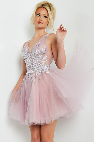 Jovani 09518 Tulle Floral Embroidery V-Neck Cocktail Dress