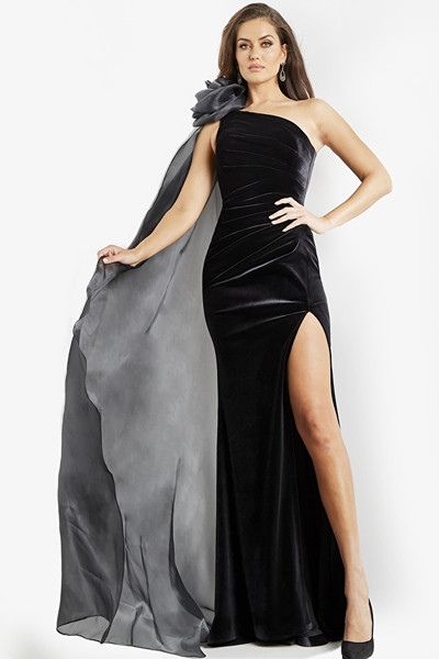 Jovani 08116 Velvet Organza One Shoulder Sheath Long Dress
