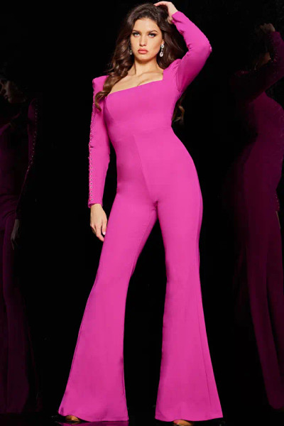 Jovani 09588 Crepe Long Sleeve Square Neckline Jumpsuit