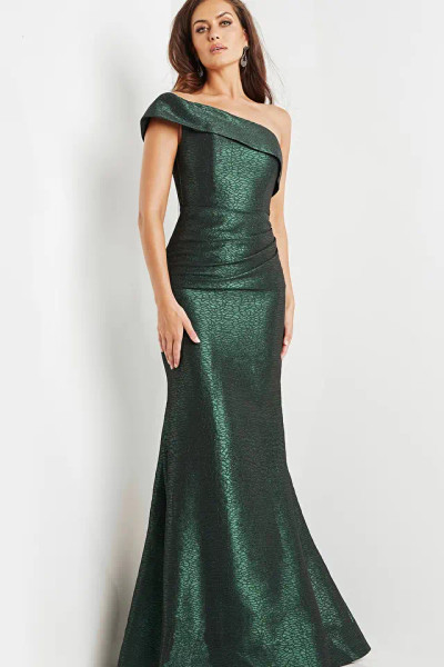 Jovani 09752 Brocade One Shoulder Off Shoulder Fitted Dress