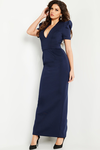 Jovani 24021 V-neckline Short Sleeves Fitted Formal Gown
