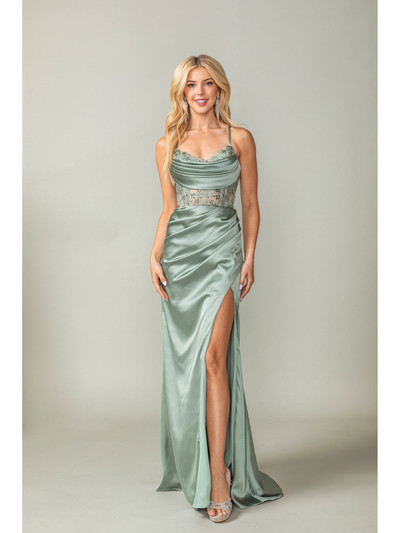 Dancing Queen 4416 Beaded Lace Cowl Neck High Slit Dress