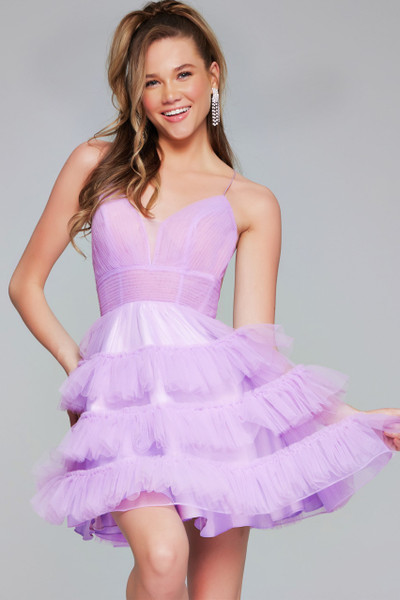 Jovani 39656 Tulle Ruffles V-Neck Sleeveless Short Dress