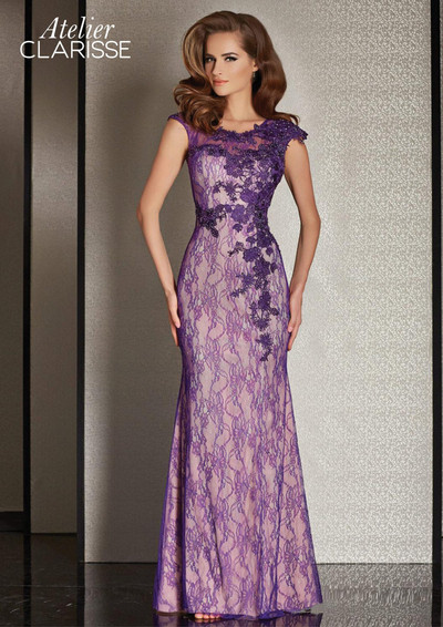 Clarisse M6236 Sheer Lace Applique Cap Sleeves Long Dress