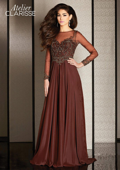 Clarisse M6215 Chiffon Beaded Illusion Long Sleeves Dress