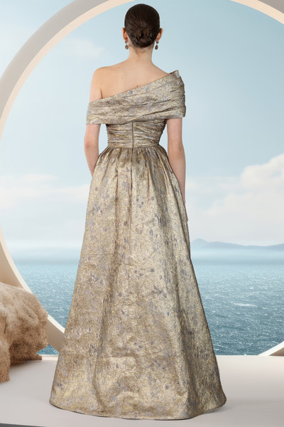 Janique 251020 Off Shoulder Sleeve Straight Neck Long Dress