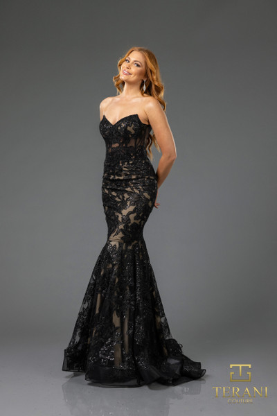 Terani Couture 251P4355 Lace Strapless V-neck Long Dress