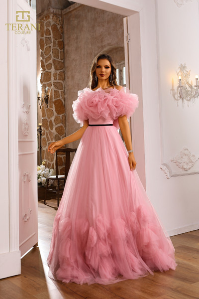 Terani Couture 251P4090 Tulle Straight Neck Long Ballgown