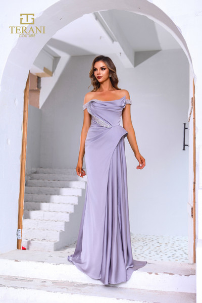 Terani Couture 251E4220 Matte Satin Off-Shoulder Long Dress