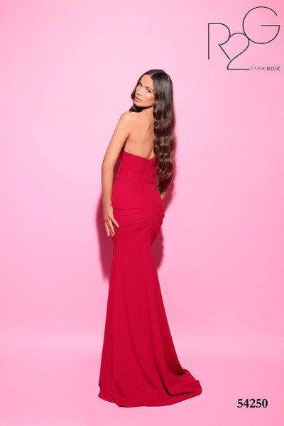 Tarik Ediz 54250 Crepe V-Neck Strapless Ruched Long Dress