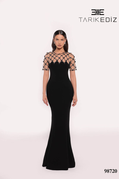 Tarik Ediz 98720 Crepe Short Sleeve Round Neck Long Dress Tarik Ediz 98720 Crepe Short Sleeve Round Neck Long Dress