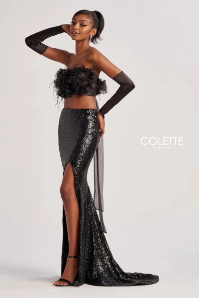 Colette by Daphne CL8450 Stretch Sequin Feathers Long Dress