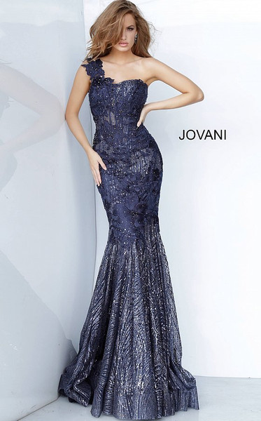 Jovani 02445 Lace Sequin One-Shoulder Sweetheart Neck Dress