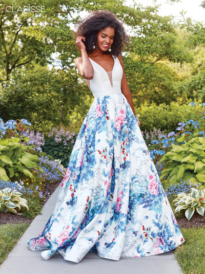 Clarisse 3538 Floral Mikado Deep V-neck Sheer Sides Gown