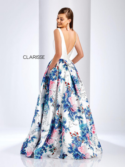 Clarisse 3538 Floral Mikado Deep V-neck Sheer Sides Gown