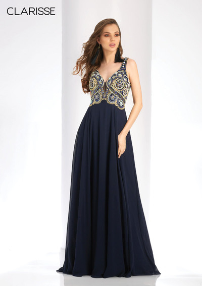 Clarisse 4924 Beaded Chiffon Deep V-Neck Sleeveless Gown