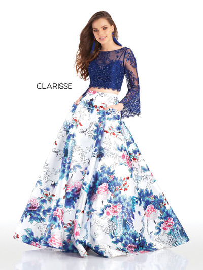 Clarisse 4977 Sheer Beaded Lace Floral Print Two Piece Gown