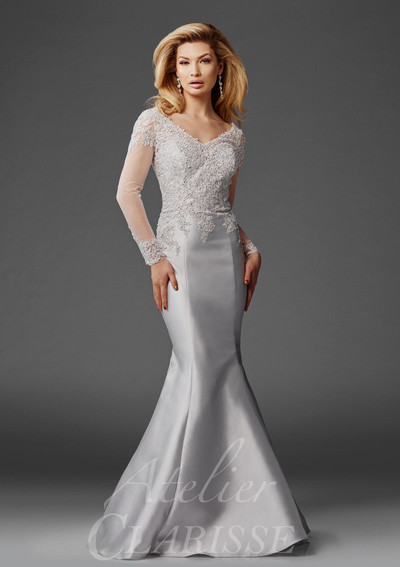 Clarisse M6436 Lace Mikado Illusion Long Sleeve V-neck Dress