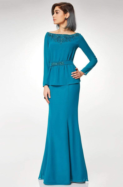 Clarisse M6538 Chiffon Beaded Bateau Neck Long Sleeve Dress
