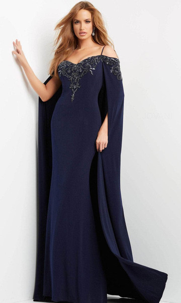 Jovani 06631 Beaded Embellished Long Cape Off Shoulder Gown Jovani 06631 Beaded Embellished Long Cape Off Shoulder Gown