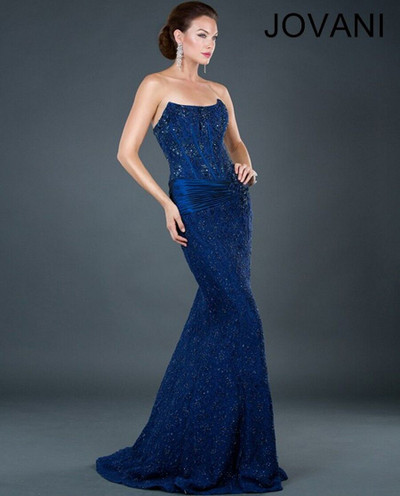 Jovani 5470 Beaded Floral Brooch Strapless Mermaid Long Gown Jovani 5470 Beaded Floral Brooch Strapless Mermaid Long Gown
