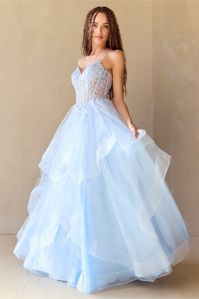 Amelia Couture 5068 Tulle Beads Layered Illusion V-neck Gown
