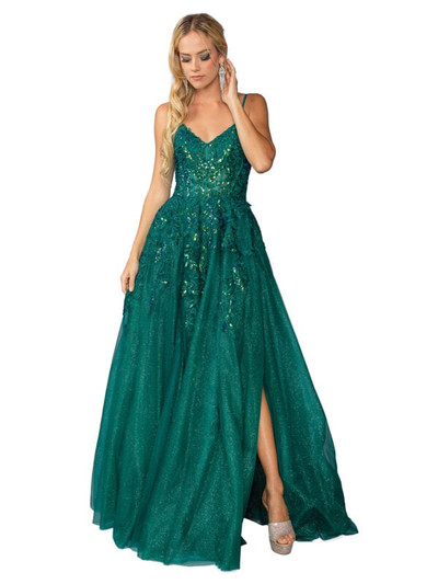 Dancing Queen 4452 Sheer Sequined Bodice V-Neck A-Line Dress