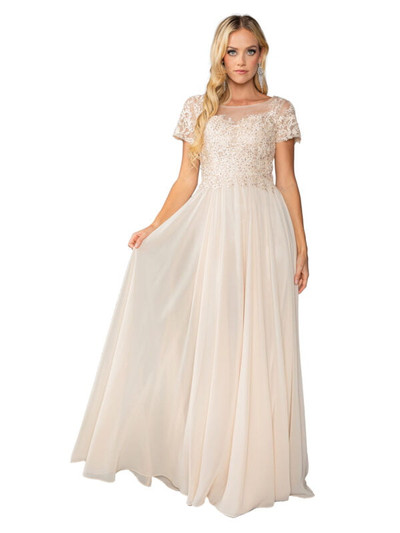 Dancing Queen 4433 Sheer Overlay Beaded Short Sleeve Dress