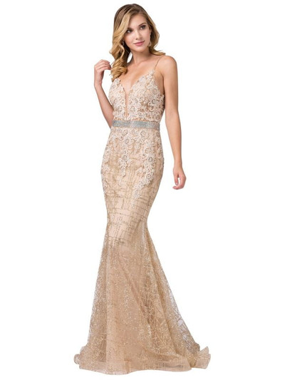 Dancing Queen 2767A Sequin Lace Plunge Neck Sleeveless Gown