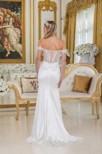 Dancing Queen 0308 Satin Sheer Off-Shoulder Wedding Dress