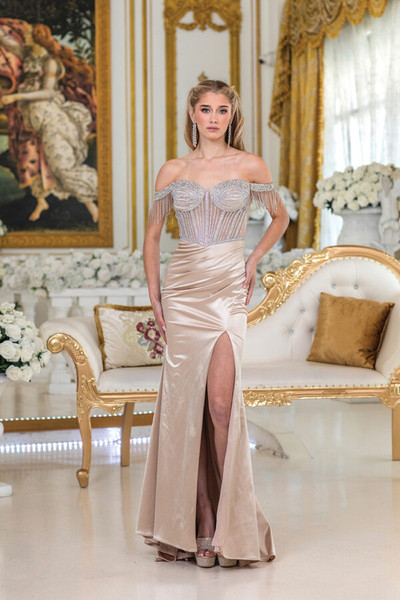 Dancing Queen 4513 Beaded Off-Shoulder Front Slit Prom Dress