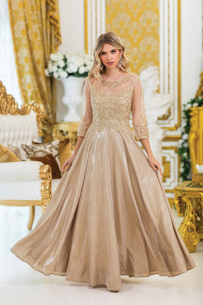 Dancing Queen 4498 Beaded Lace Sheer Long Sleeves Prom Dress