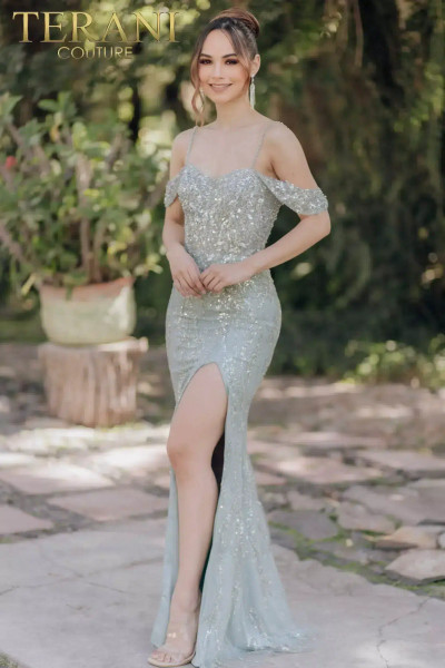 Terani Couture 232E1215 Beaded Tulle Off Shoulder Long Dress