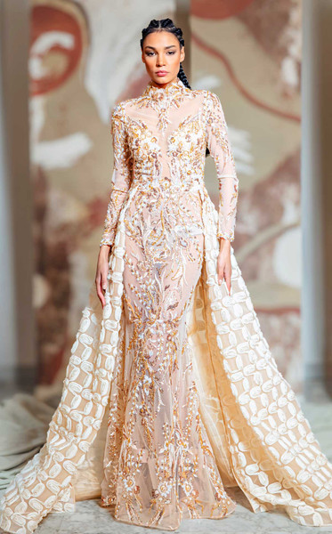 MNM Couture K4149 Embroidery High Neck Long Sleeve Dress