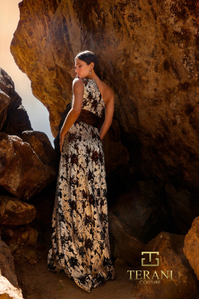 Terani Couture 252E5167 Metallic Lace Asymmetrical Dress